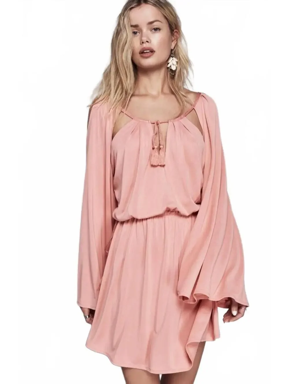 Free People High Road Coral Pink Bell Sleeve Mini Dress Small